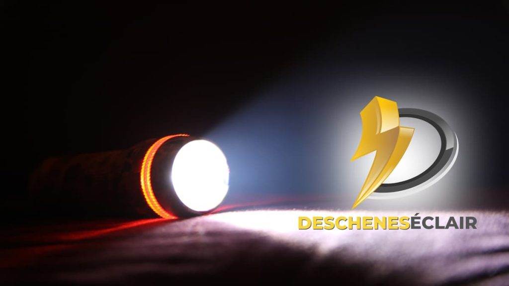 Lampe-torche illuminant le logo de Deschenes Éclair, symbolisant un service d'électricité fiable à Lac-Beauport